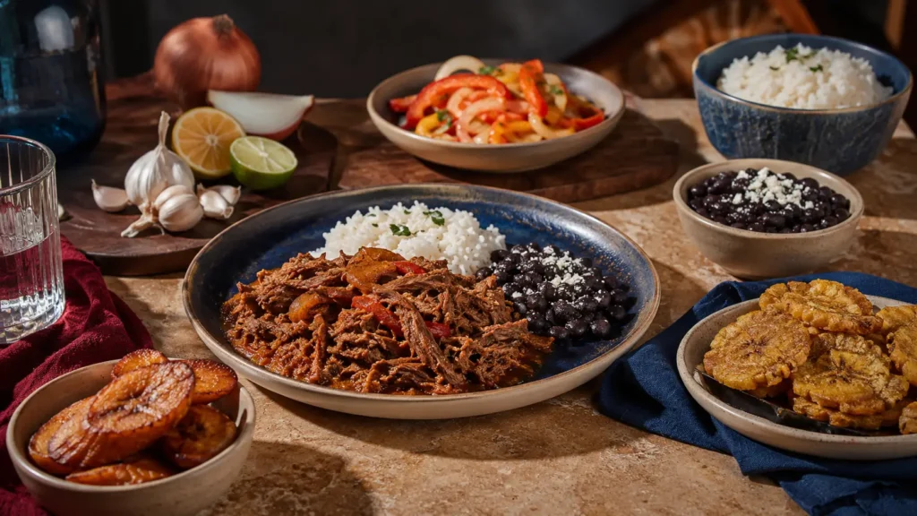 Plato de comida cubana tradicional con ropa vieja, arroz y frijoles negros, tostones crujientes y maduros