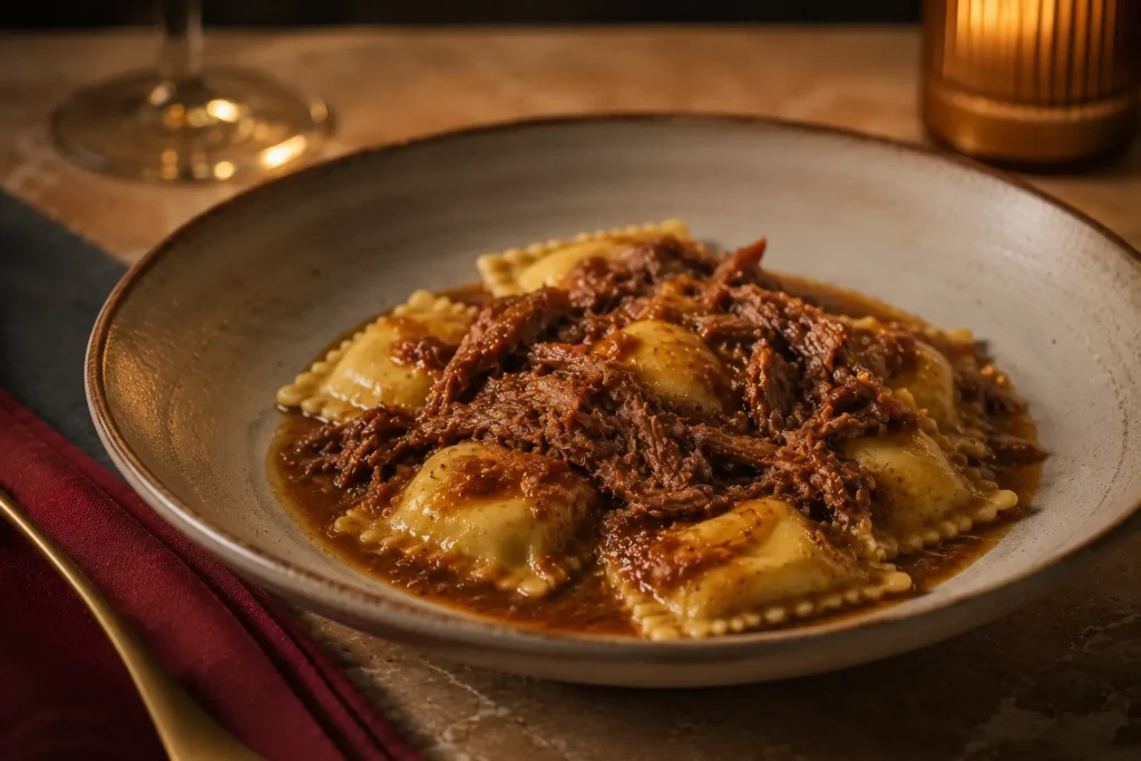 Ropa Vieja Ravioli with ricotta ravioli, ropa vieja