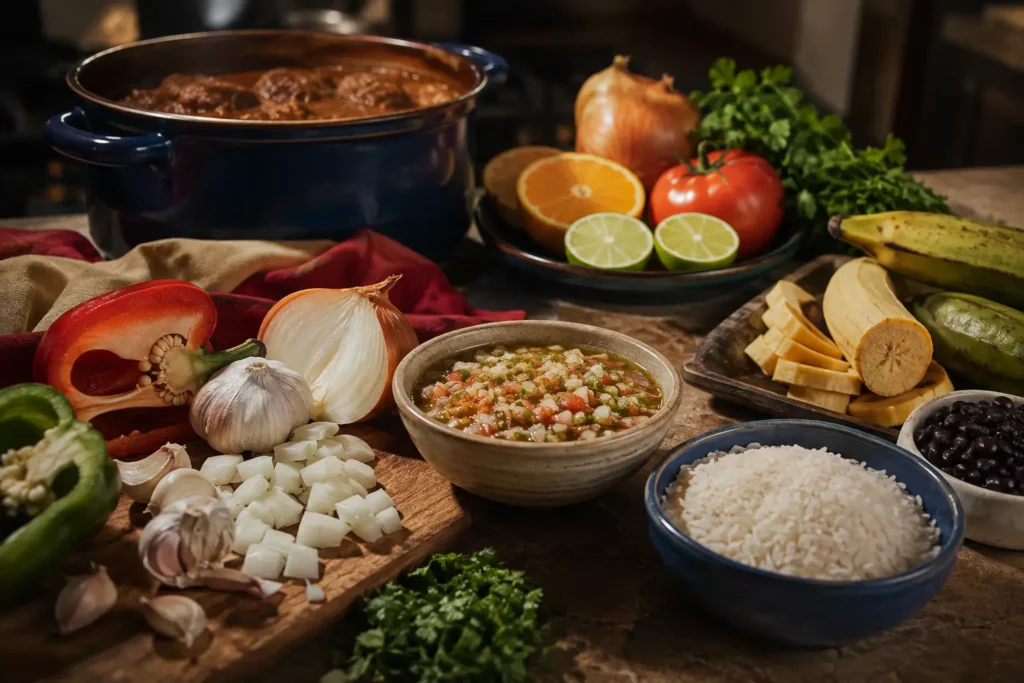Sofrito acompañado de ajo, cebolla, pimientos, cítricos, plátanos, arroz y otros ingredientes de la cocina cubana