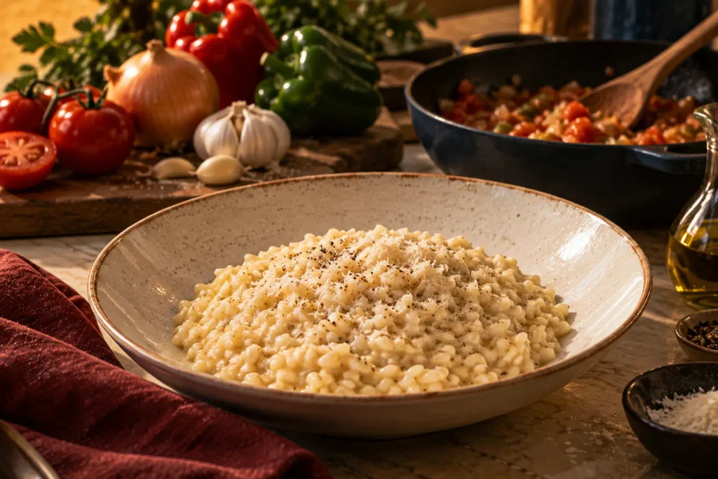 Creamy risotto presented with separate Cuban-inspired sofrito ingredients and rice-cooking elements in an editorial culinary composition.