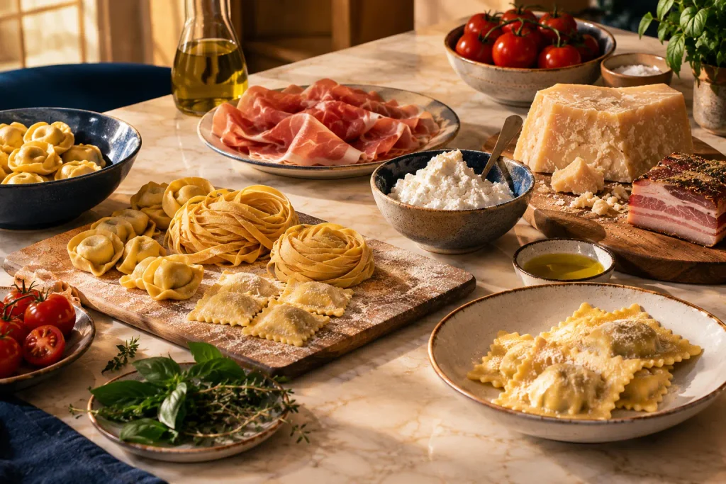 Fresh pasta, ricotta, prosciutto, guanciale, tomatoes and aged Italian cheese arranged on a refined culinary work surface.