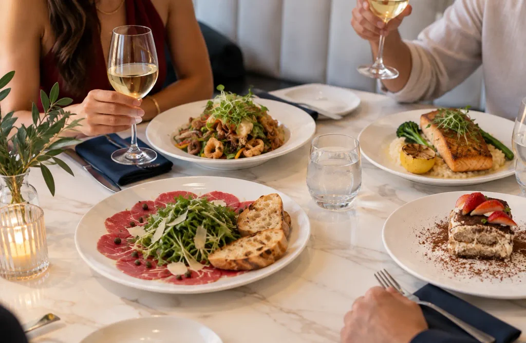 Friends sharing dinner and wine in a sophisticated, warm restaurant setting inspired by contemporary Italo-Cuban hospitality.