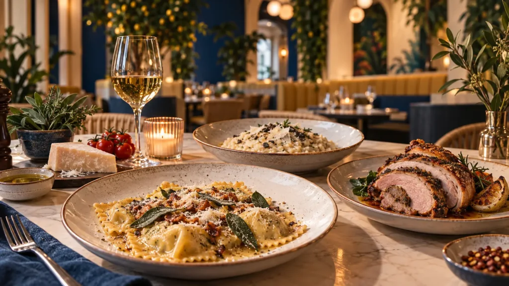 Italian-inspired dining spread with filled pasta, risotto, roasted pork, cheese and wine on an elegant table.